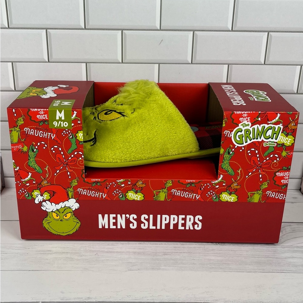 The Grinch Christmas Santa Hat Slippers Slide Men’s Green/Red Size:M(9/10)